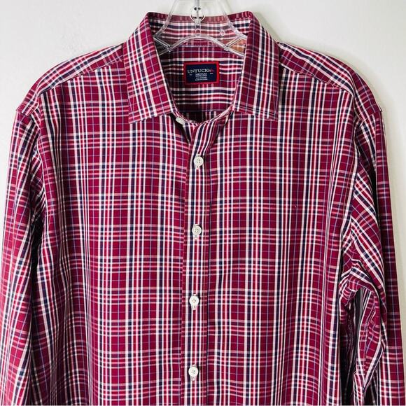 Untuckit red burgundy white plaid cotton button front shirt medium - Picture 2 of 6